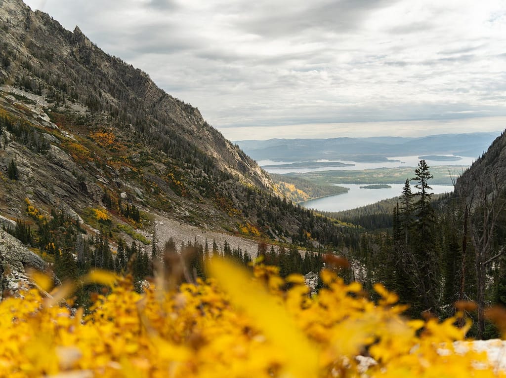The Irresistible Continental Divide Trail A scenic mountain landscape with rocky slopes, yellow autumn foliage in the foreground, evergreen trees, and a distant lake under a cloudy sky.