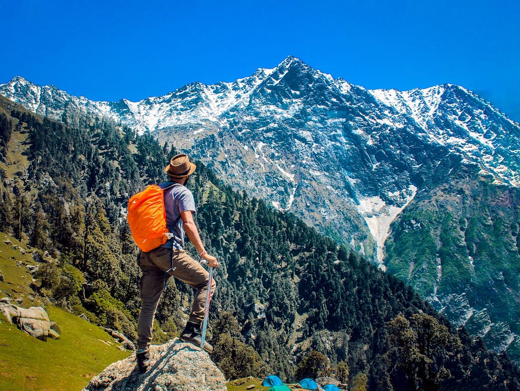 About me A hiker with an orange backpack and hat stands on a rock, looking at snow-capped mountains and pine forests under a clear blue sky.